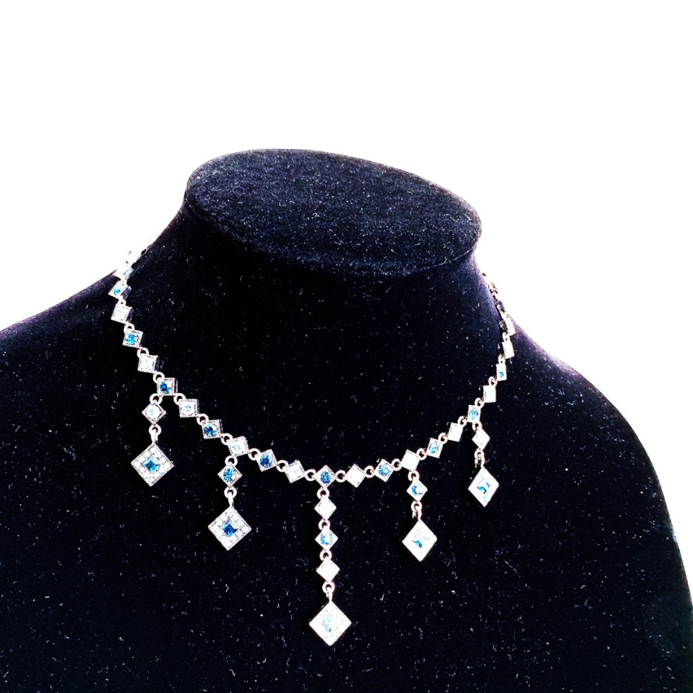 Blue Diamond Shape Rhinestone Necklace - Picture 6 of 7